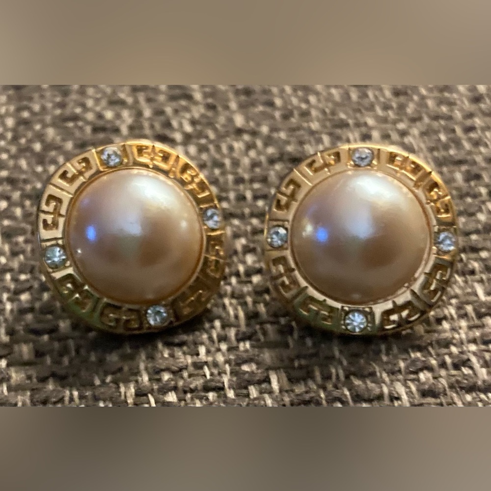 GIVENCHY Vintage, Round, Gold Tone, Faux Pearl & Crystal Earrings